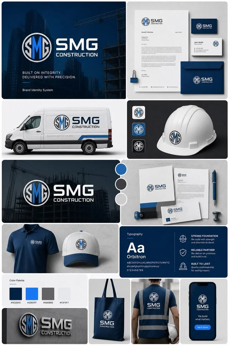 Corporate branding materials including logo mockup and brand guidelines